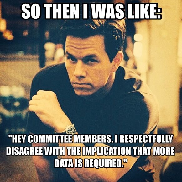 Making a mean, intimidating face and saying, "so then I was like: 'Hey committee members. I respectfully disagree with the implication that more data is required."
