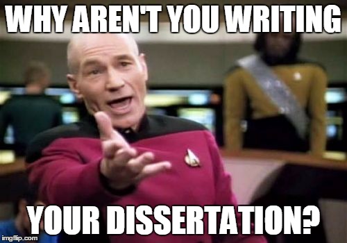 Captain kirk, exasperated, saying "what aren't you writing your dissertation?"