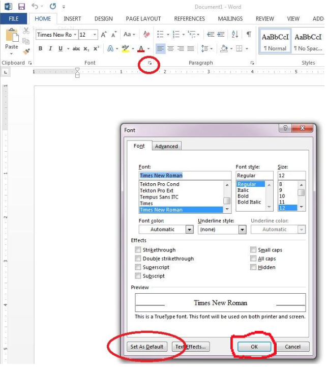 screenshot of setting fonts in microsoft word