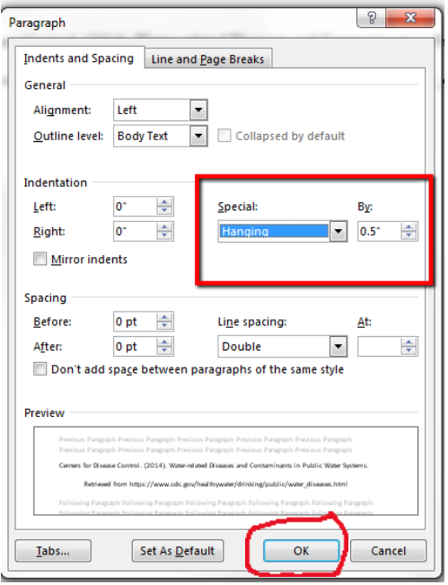 screenshot of word document options for hanging indent